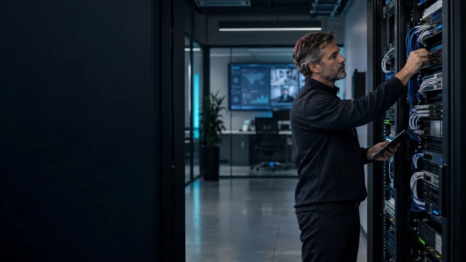 System Slash engineer inspecting a professionally organized business network rack