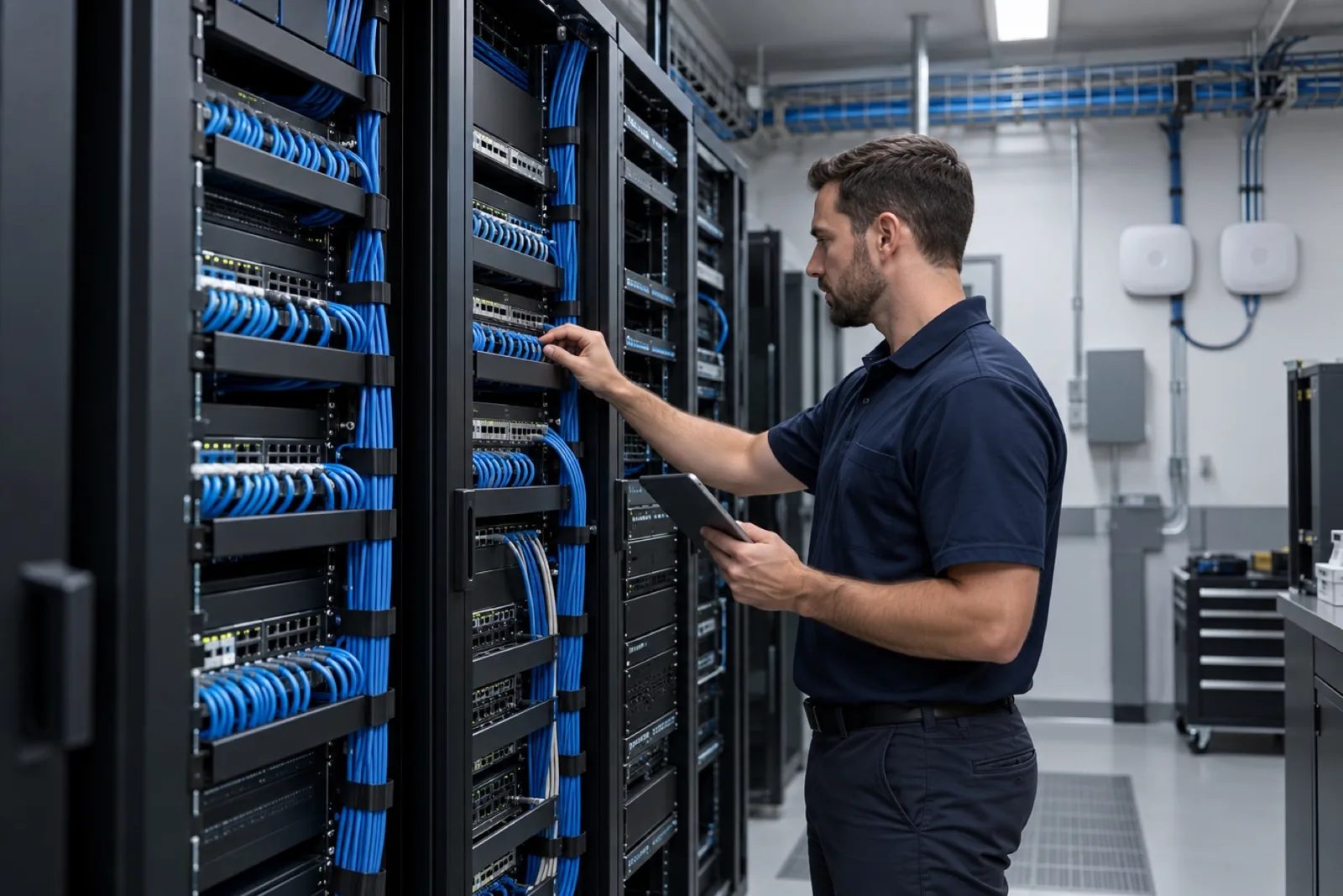 Network engineer checking structured cabling and business network equipment