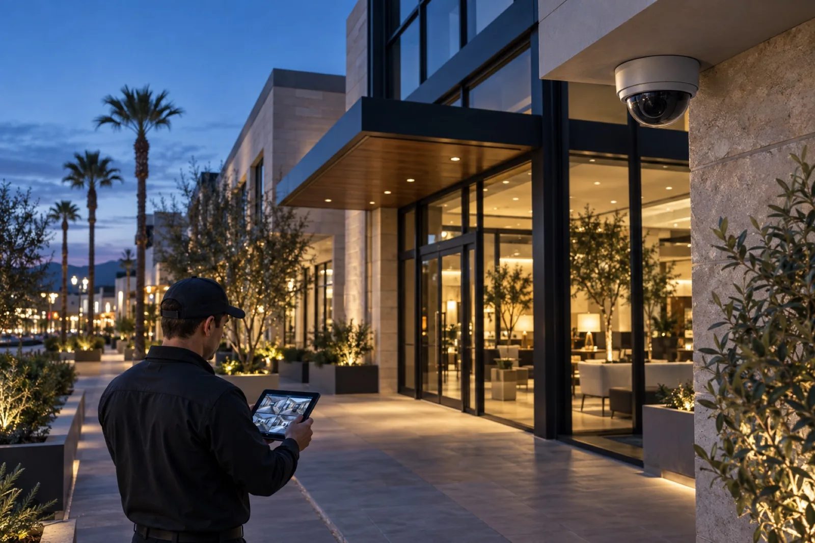 Commercial security camera and technician reviewing surveillance coverage